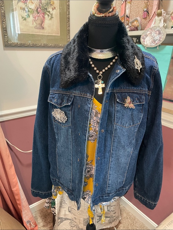 The Villager Jackets & Blazers - Dark Blue Denim Jacket with Black Faux Fur Collar - Liz Claiborne